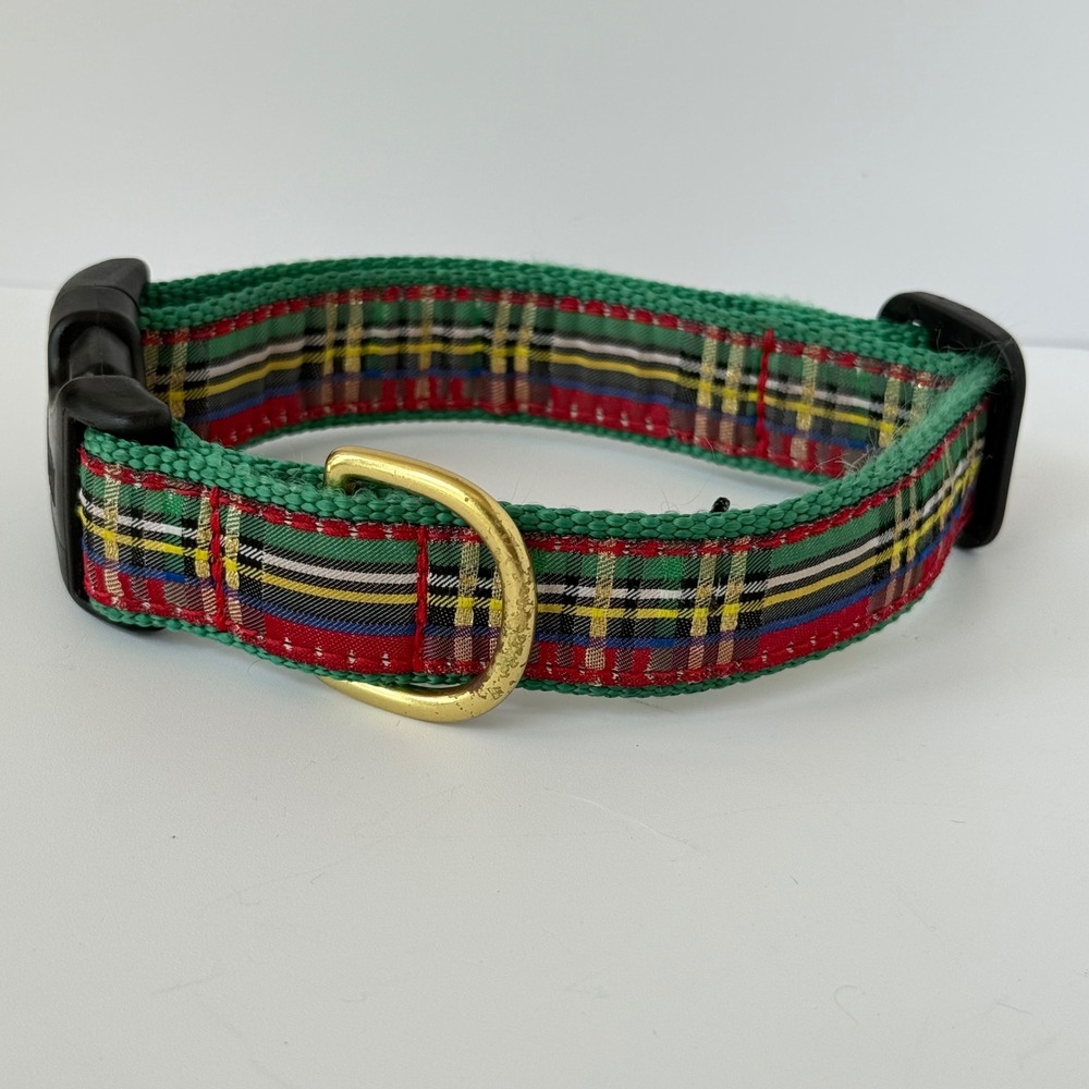 Up Country Dog Collar Medium Green Red Tartan Plaid Adjustable Brass Hardware